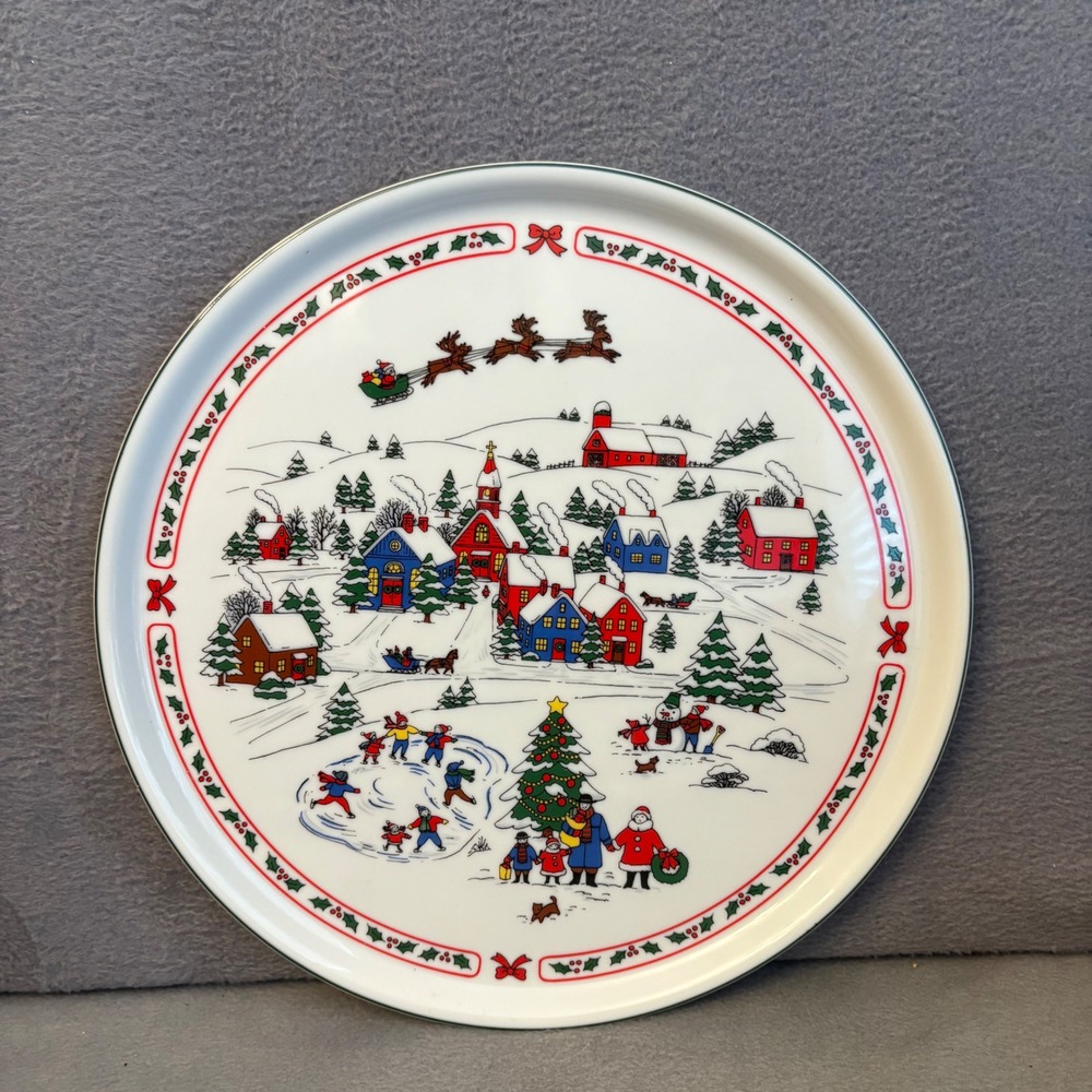 Vintage Christmas Winter Village Stoneware Serving Tray Santa Reindeer Japan